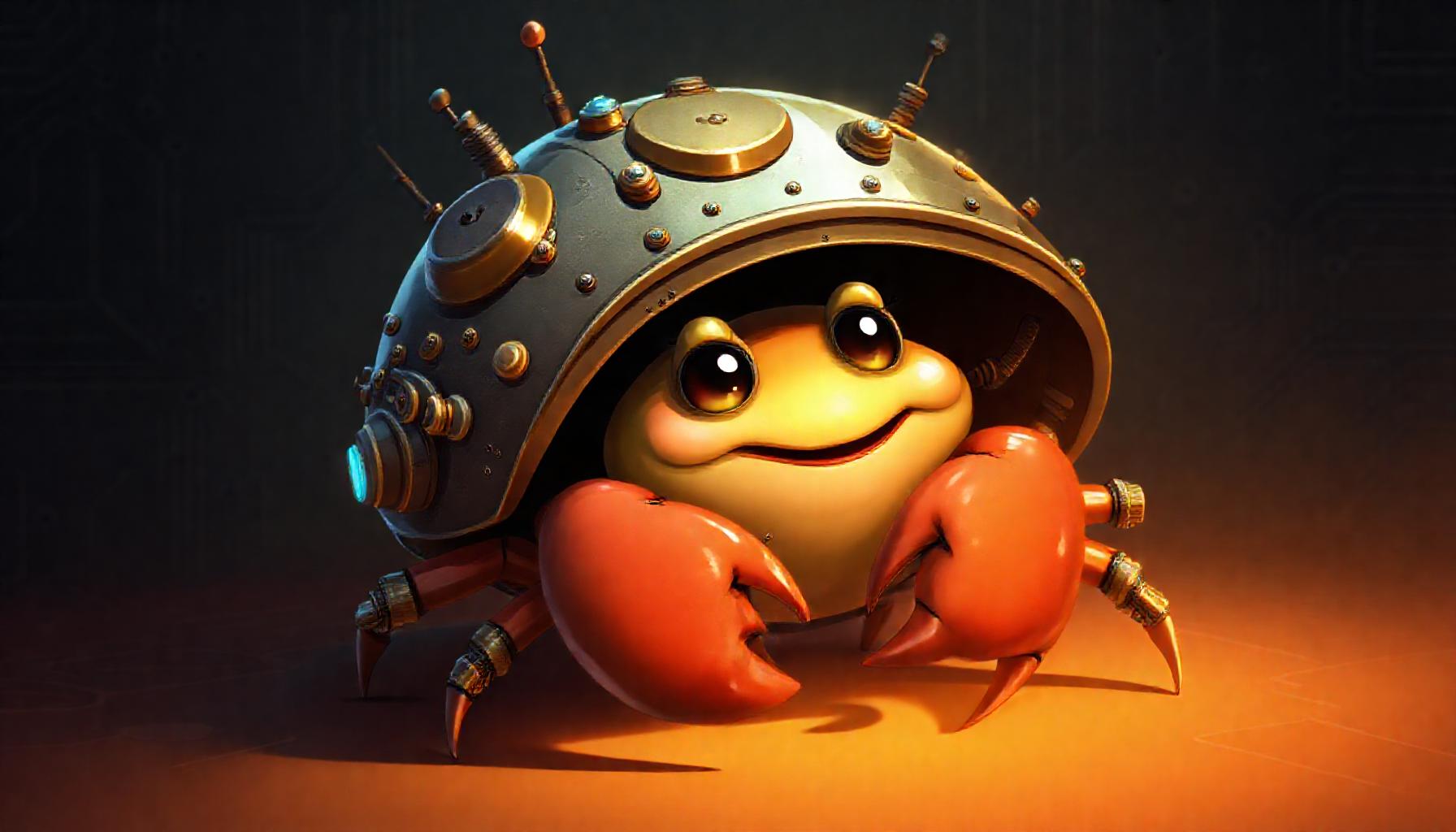 Hermit crab building a steampunk-cyberpunk shell
